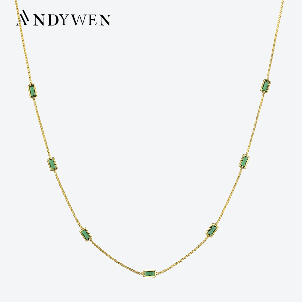 

ANDYWEN 925 Sterling Silver Gold Green Zircon CZ Charm Choker Long Chain Necklace 2022 Wedding Square Jewels Rock Punk Jewels