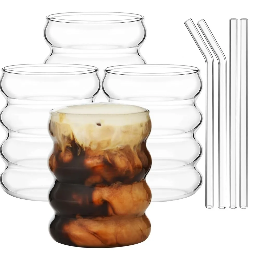 400/13 Oz Glass 1/4 Set Wave Bubble Drink Cup Iced American Coffee Cup BPA Free Reusable for Cocktail Whiskey Bar Party