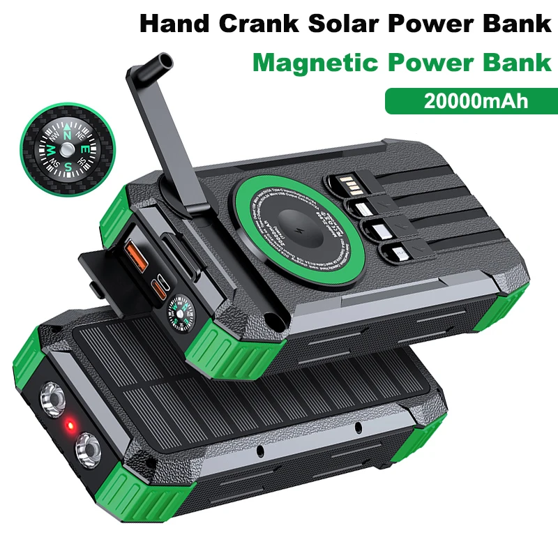 20000mAh Hand Crank Solar Power Bank With Light Magnetic Wireless 22.5W Fast Charging For IPhone 17 16 IWatch Airpods Powerbank_voghion.com