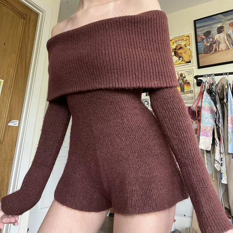 

2023 Autumn/Winter New Knit Sweater Playsuit Solid Knitted Off Shoulder Slim Long Sleeve Bodysuit Rompers