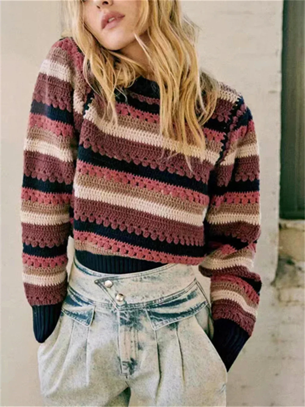 

Women's Sweater 2023 New Contrast Color Striped Hollow Out Round-Neck Loose Casual Puff Sleeve Knit Pullover