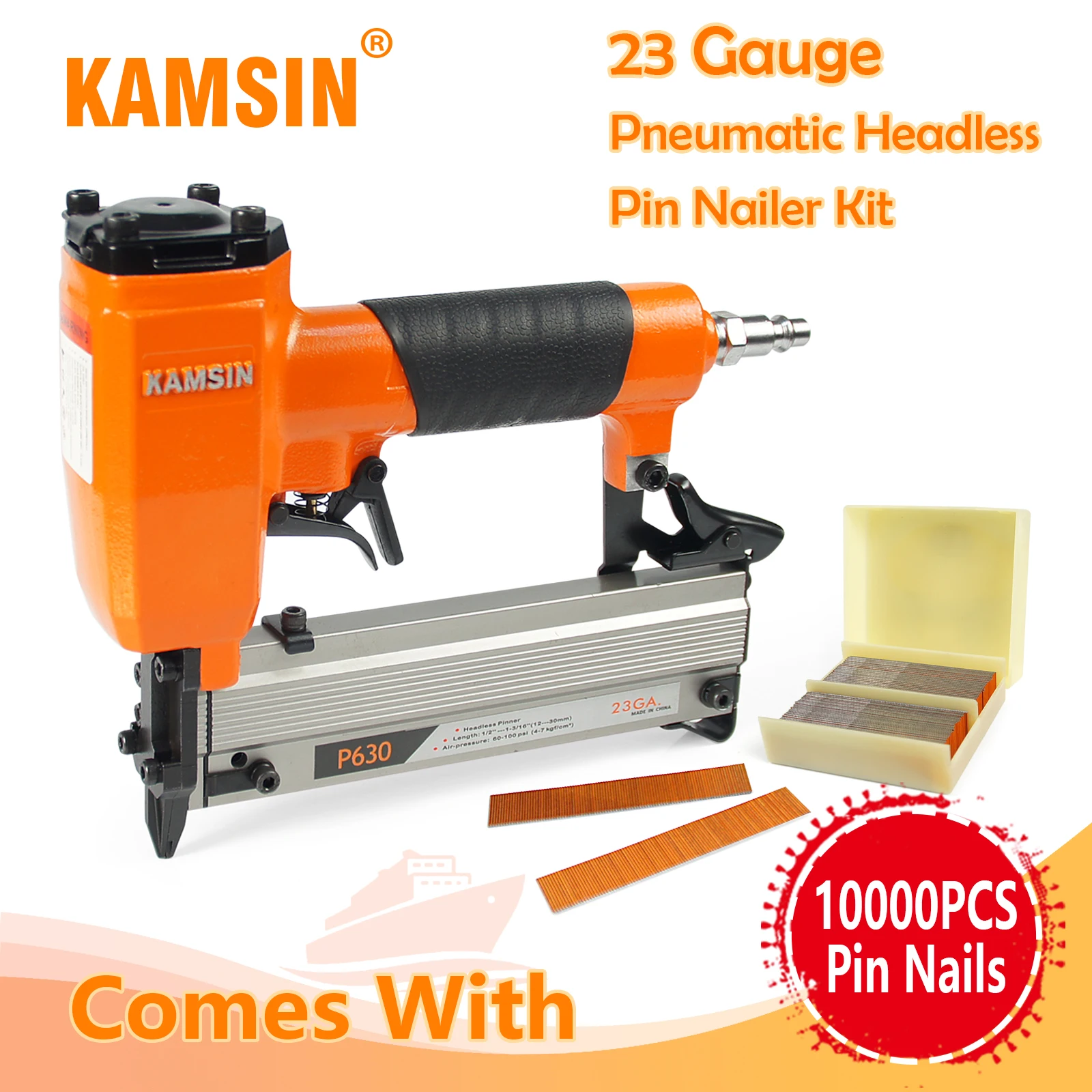 

KAMSIN P630 23 Gauge Pneumatic Headless Pin Nailer with Trigger Safety Lock Kit Comes with 12mm Nails, for Woodwoking, Windows