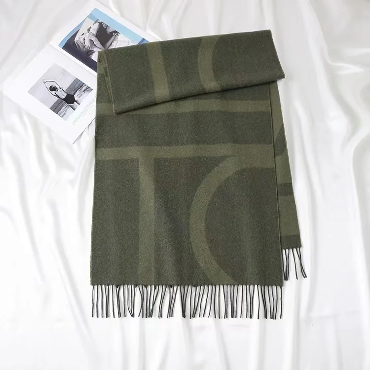 Cashmere Scarf    Women's Autumn Winter Spring Wool Geometric Pattern Niche Versatile tassels womens  Blanket woolen Shawl Two-purpose Thick Warm Scarves for woman in army green