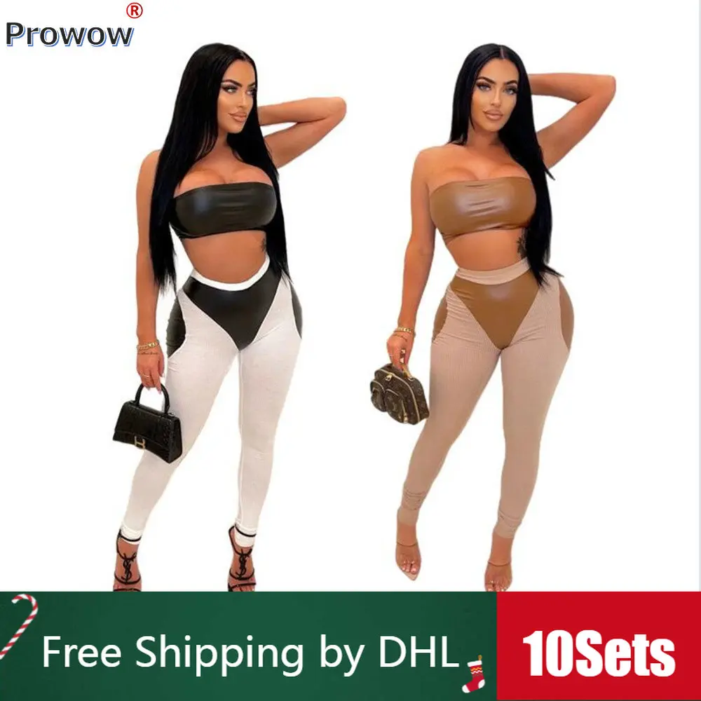 

10 Sets Bulk Wholesale Pant Sets Women Pullover Strapless Top and Legging Pants Suit 2023 Summer Sexy PU Outfits Tracksuits 9292