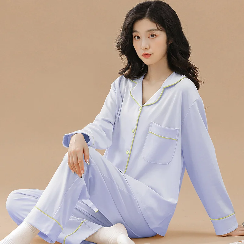 Women 2 Pieces Pajamas Sets 100% Cotton Pijama Print Female Pyjama Sleepwear Long Sleeve Shirt Pants Suit Homewear Loungewear