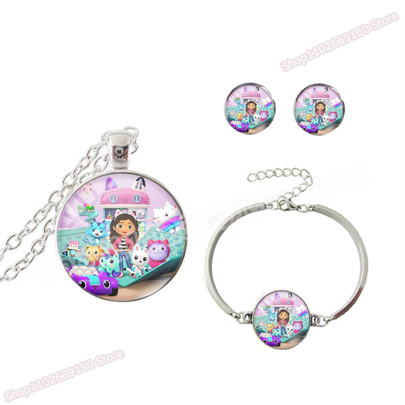 Kawaii Gabby Dollhouses Girls Cute Collana Bracciale Orecchini Set Bambini Gioielli Di Moda Bambini Anime Cartoon Accessori Regali