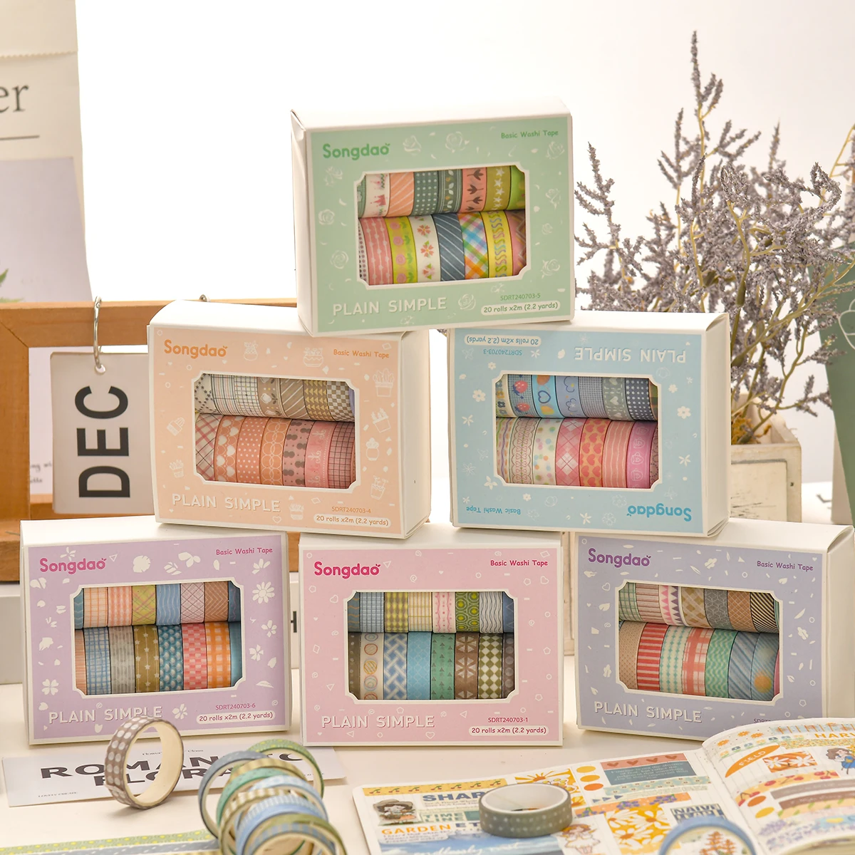Simple Washi Tape Set 20 Rolls, Aesthetic Pastel Floral Decorative Tape for Scrapbook Journaling DIY Craft Supplies 1