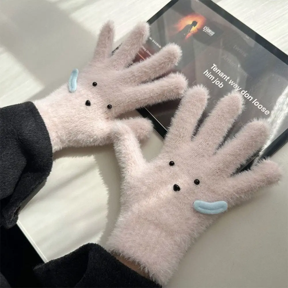 Girls Knitted Mittens Polyester Cold Proof Five Finger Gloves