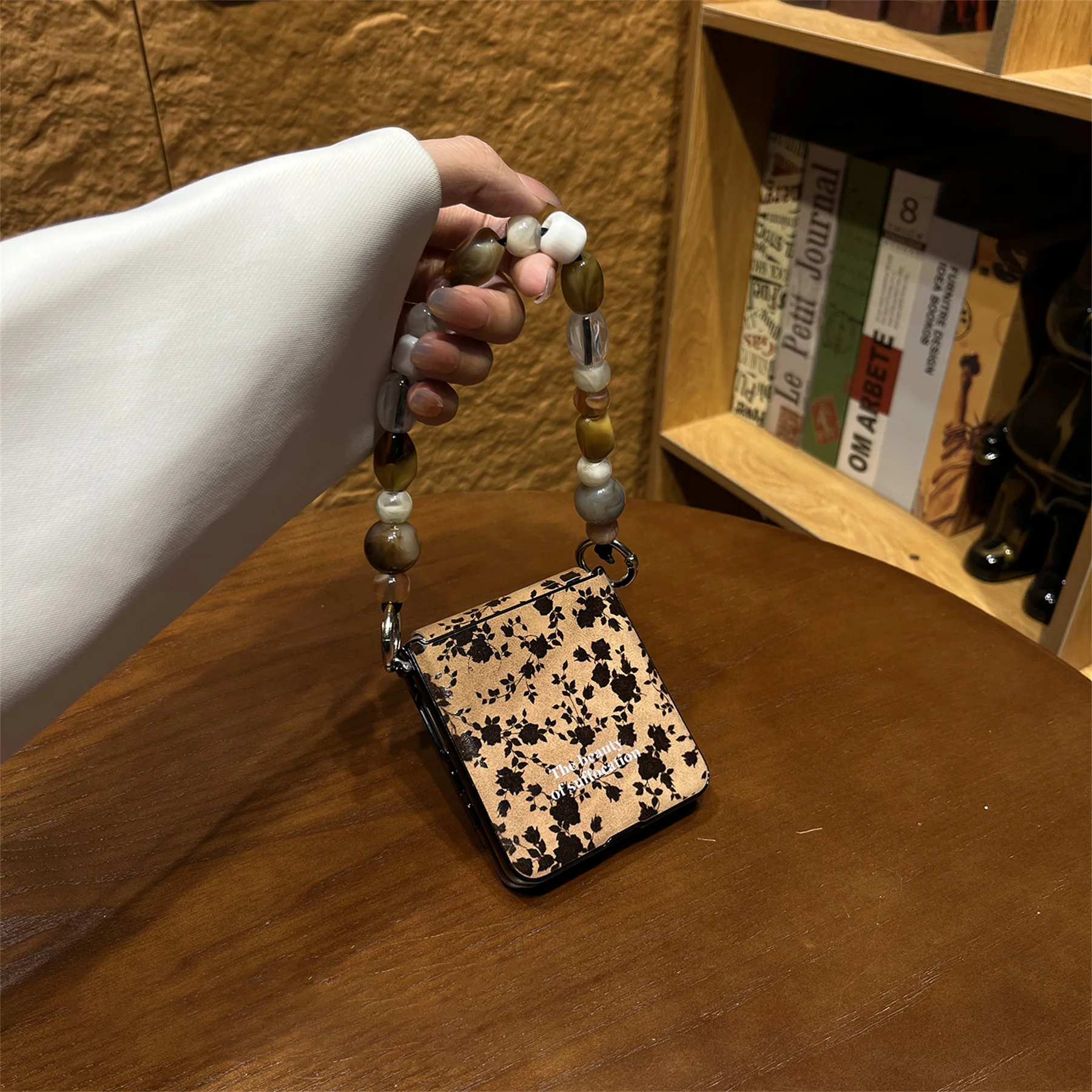 Classic Full Screen Maple Leaf Brown Case with Stone Bracelet Chain - Back Cover