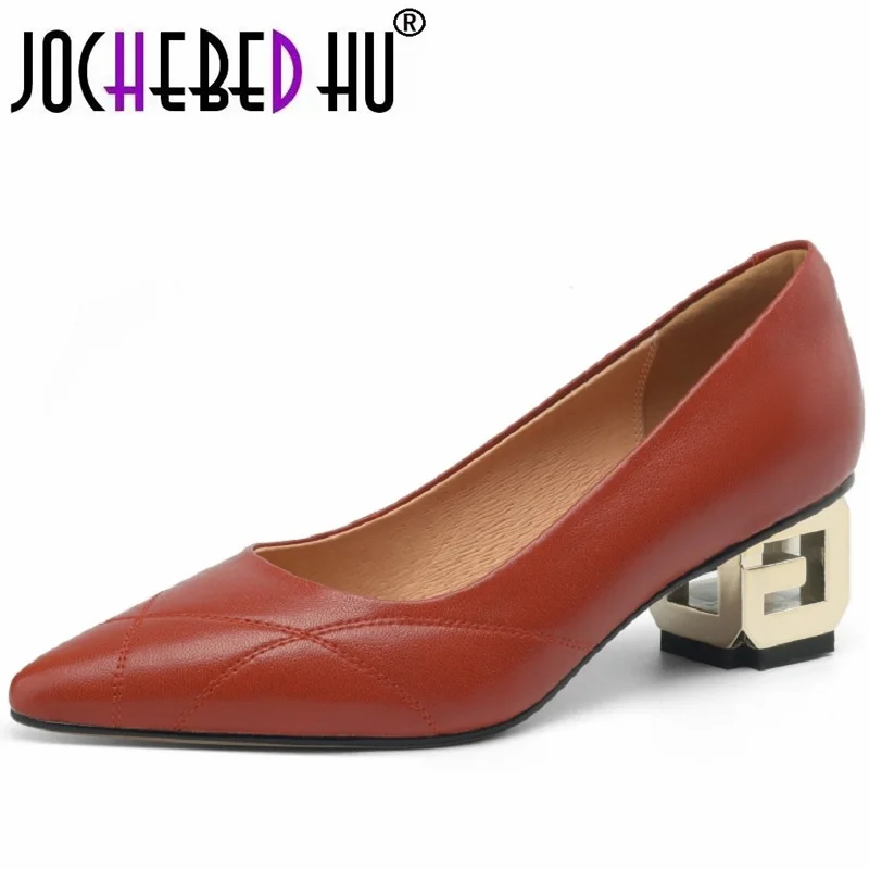 

【JOCHEBED HU】Brand Fashion Genuine Leather Female Heel Single Spring Ladies Office Pumps Pointed Toe Slip On Work Shoes 34-42