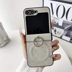 Luxury Skin Feel Magnetic Bracket Case with Diamond Ring Holder and Hinge Protection Cover - Galaxy Z Flip5 (Beige)
