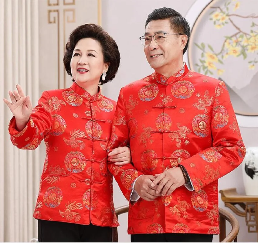 Spring Autumn Men Women Chinese Style Long Sleeve Jacket Satin Embroidery Tang Suit New Year Birthday Party Coat men chinese style shirt hanfu jacket