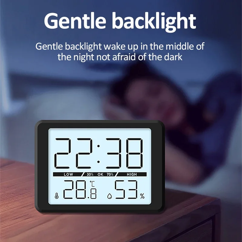 ساعة منبه خفيفة مع مستشعر درجة الحرارة والرطوبة وحامل رطوبة/مغناطيس/ساعة مطبخ معلقة وإضاءة خلفية لسطح المكتب