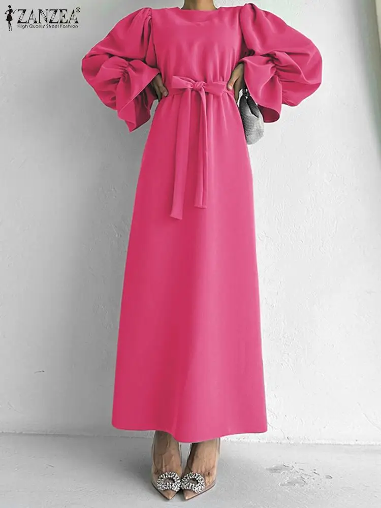 

2023 Autumn Maxi Long Dresses ZANZEA Fashion Long Sleeve Vestidos Women Vintage Belted Ruffled Cuff Dress Casual Round Neck Robe