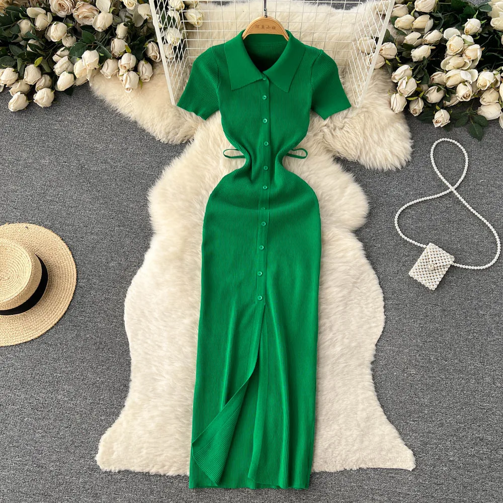 

Croysier Spring Summer Clothes Women 2023 Sexy Cut Out Back Tie Bodycon Dress Front Buttoned Lapel Short Sleeve Knit Midi Dress