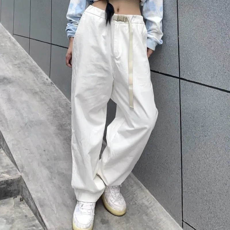 Women's Spring Summer Elastic Solid Pockets Bandage High Waisted Wide Leg Workwear Loose Trousers Casual Fashion Vintage Pants