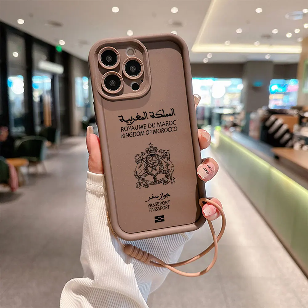 thumbnail image 1 of Funda de teléfono con correa de mano para IPhone, carcasa trasera de TPU suave con pasaporte marroquí para IPhone 16, 15, 14, 13, 12, 11 Pro Max, Mini, XR, XS, X, 7, 8 Plus, 1 of 5