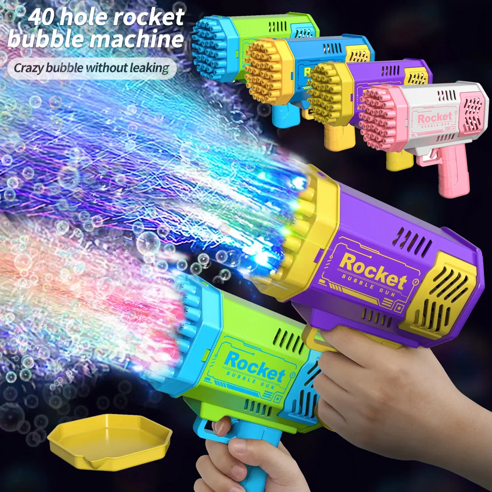 40 Holes Electric Rocket Bubble Machine Handheld Automatic Space Light Bubble Gun Kids Outdoor Battle Toys Without Bubble Water 2