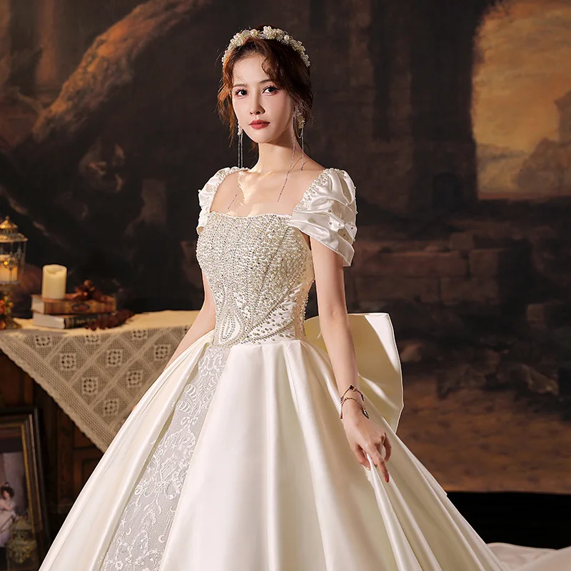 

Private Wedding Dress Customized Bride 2024 New French Satin Texture Retro Palace Style Business Evening Dress White