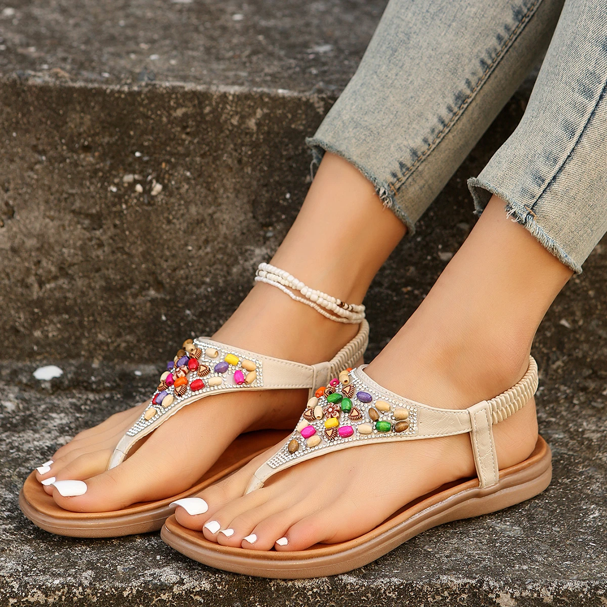 Aphixta 2024 Elastic Band Summer Flat Heel Sandals Colorful Beads Gladiator Women Sandal Soft Sole Flip Flops Shoes For Women