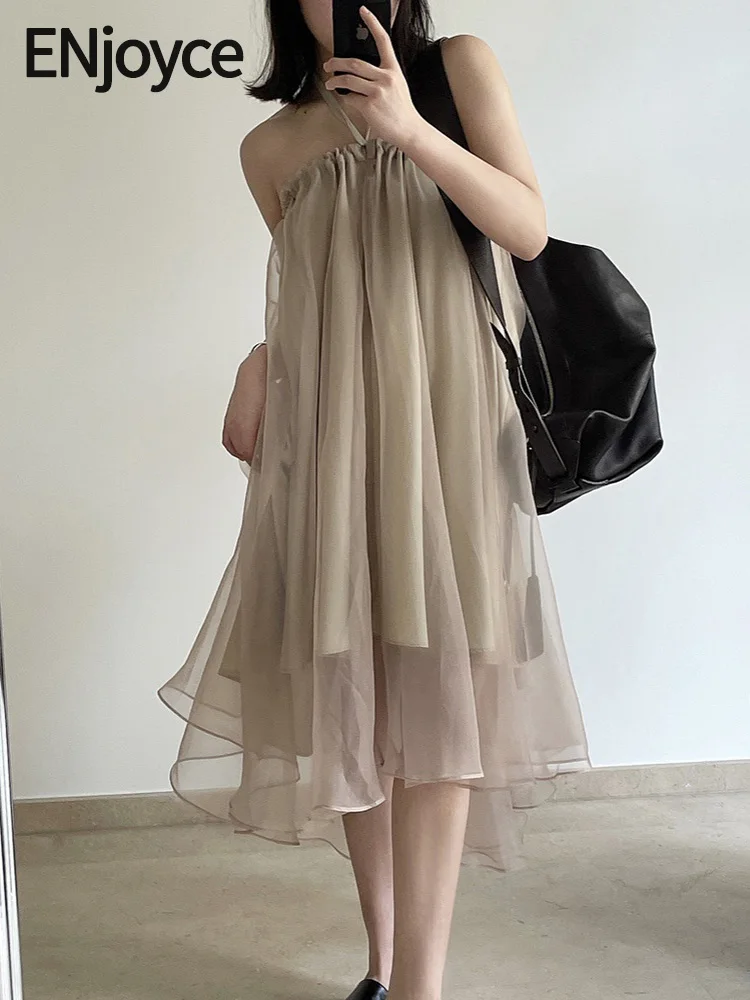 

ENjoyce Women Trendy Mesh Puffy Suspender Straight Dress Korean Fashion Sleeveless Sling Long Skirt Holiday Beach Street Wear