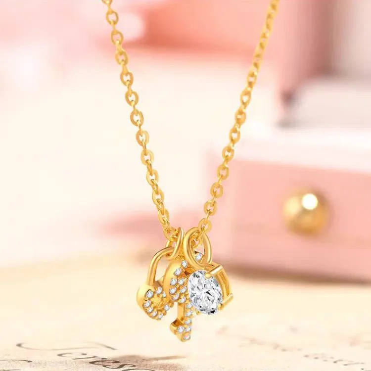 24K Gold AU999 Heart Lock & Key Pendant Necklace with Zircon, Women's Collarbone Chain, Luxury Couple Gift Set