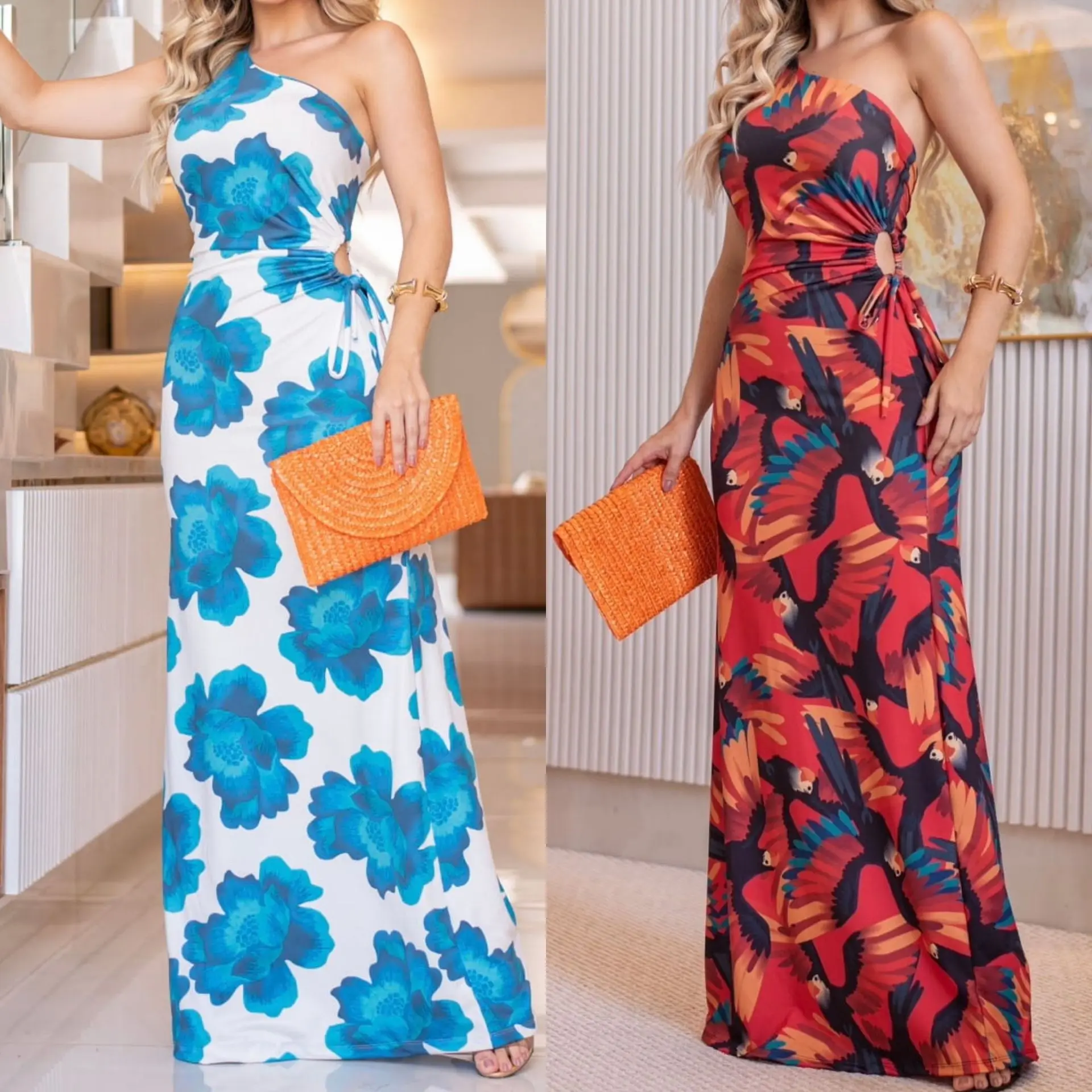

Платье женское с цветочным принтом, повседневное длинное облегающее платье с косым плечом и завязкой на талии, лето 2023