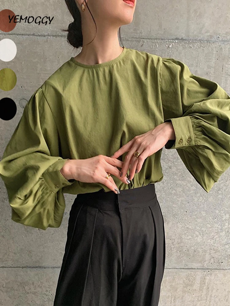 

Японская женская рубашка и блузка, осень 2022, рубашка с круглым вырезом, Женская винтажная хлопковая рубашка с рукавами-фонариками и разрезом сзади в Корейском стиле