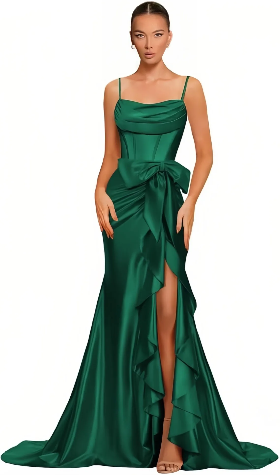 Spaghetti Straps Satin Prom Dresses for Women Mermaid Evening Gown Split off Shoulder Cocktail Dress with Bow Guest Dress 4