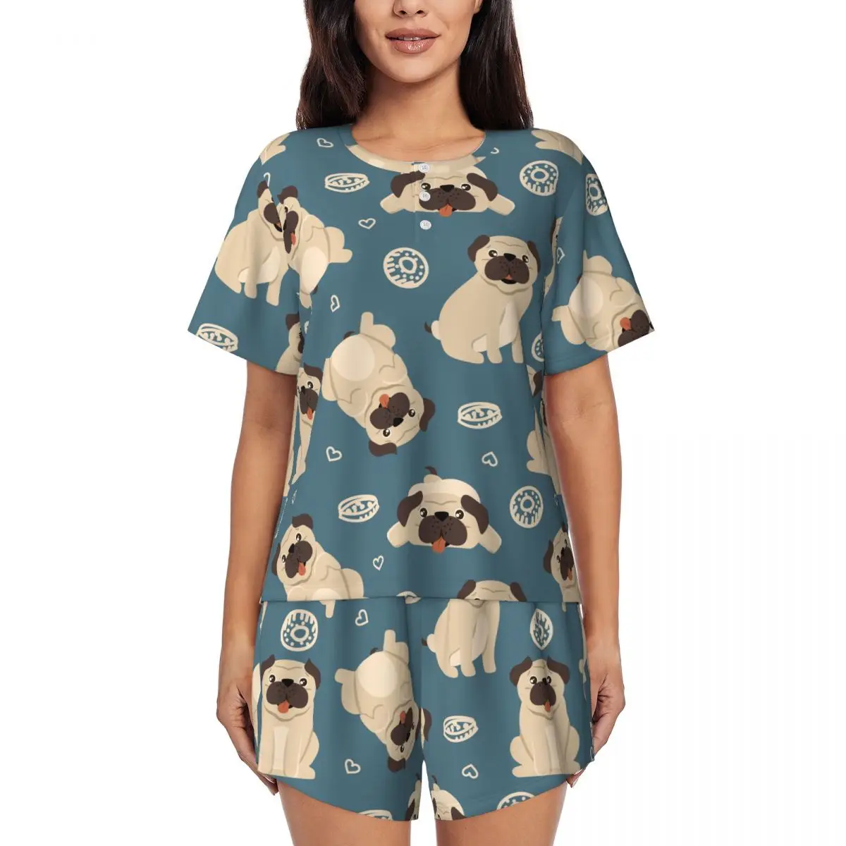 Two piece women's pajama round neck short sleeved T-shirt Funny Pug casual home pajama set