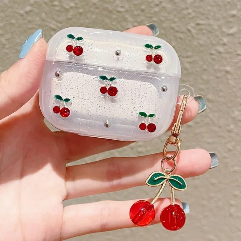 Clear Glitter Earphone Case for AirPods with Cherry Charm