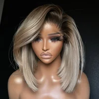 Perruque Bob Lace Front Wig Naturelle Lisse, Cheveux Courts, Blond Ombré, 13x4, avec Racines Brunes, Densité 180%, pour Femme Africaine 3
