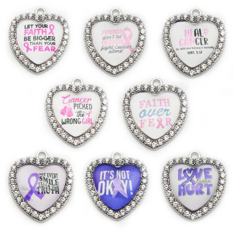 

Wholesale 8pcs/lot Mix Crystal Heart Cancer Ribbon Awareness Dangle Hanging Charms DIY Pendant Bracelets Accessories