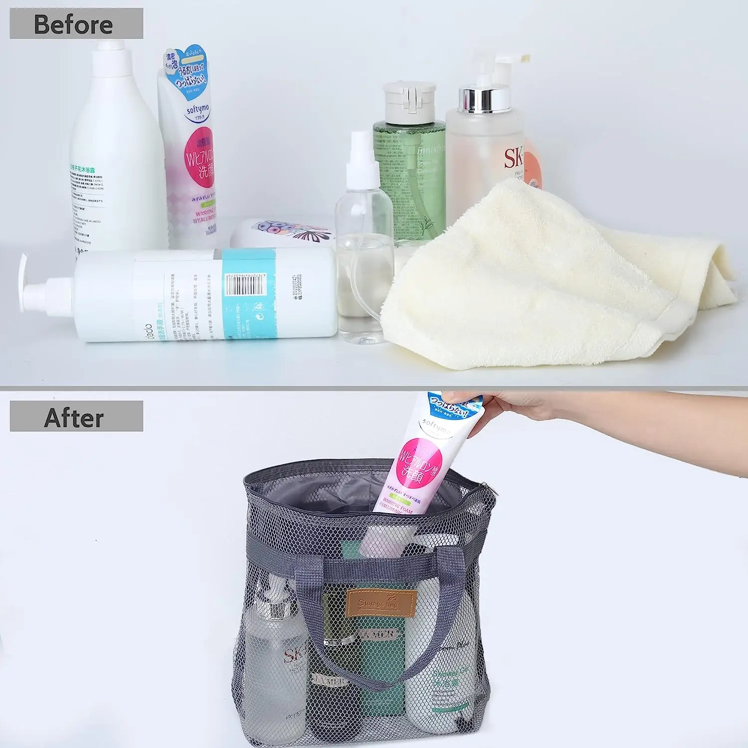 Portaoggetti da doccia in rete, borsa da toilette portatile, rettangolare