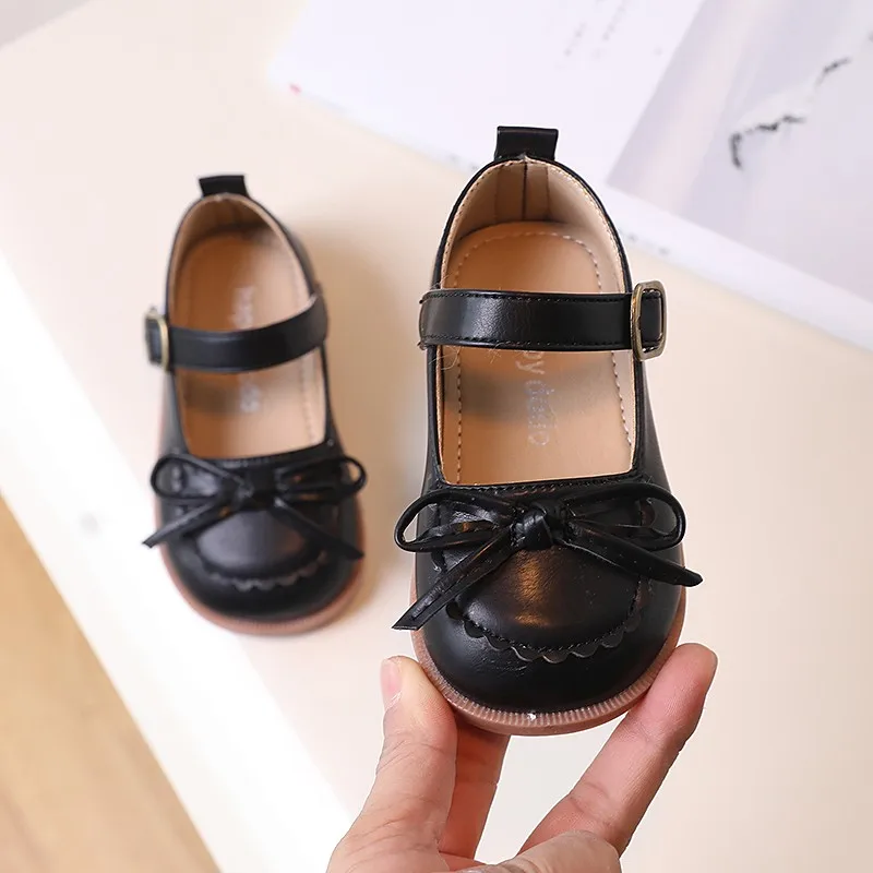Toddler Kids Mary Janes Spring Pure Color Children Leather Shoe Round Toe Boeknot Ruffles 21-30 Chic Girl's Shoe leather shoes mary jane shoes girls shoes