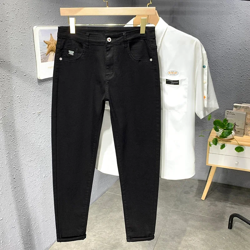 2024 Spring and Autumn New Men's Street Casual Fashion Jeans Straight Stretch Slim Fit Casual Denim Trousers Male Black White 1