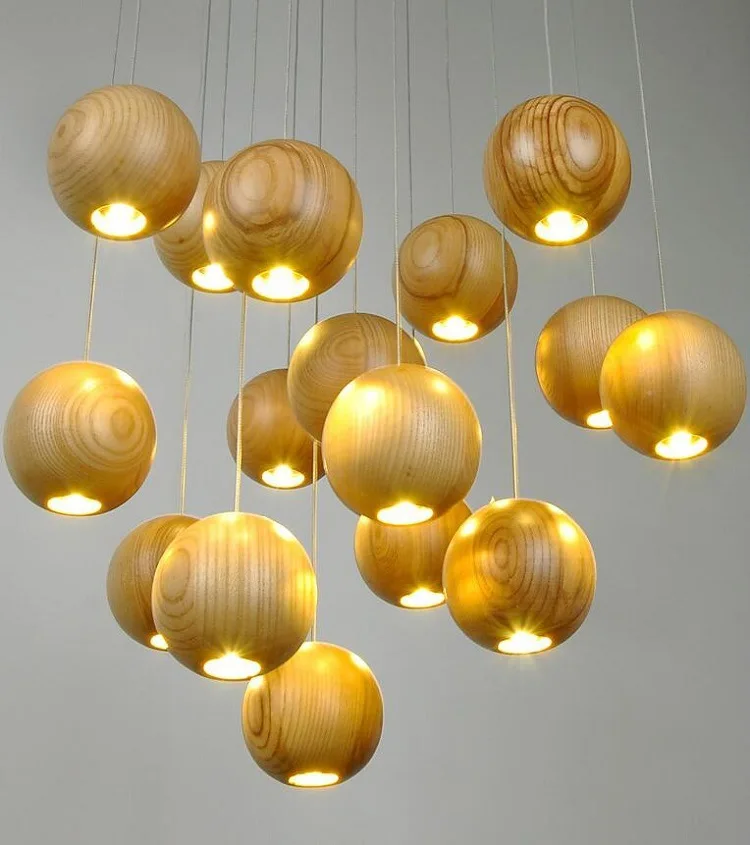 Coco Nordic Creative Staircase Chandeliers Light Living Room Restaurant LED Wooden Ball Hanging Lights Hotel Villa Bedroom