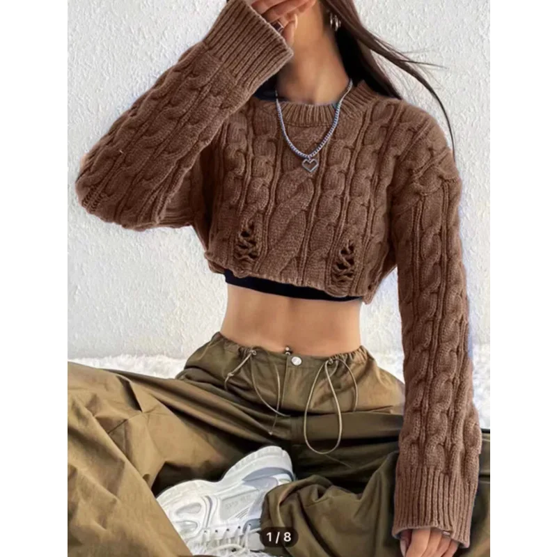 

New Autumn and Winter Joker Design Sense American Round Neck High Waist Navel Long Sleeve Top Sweater Woman