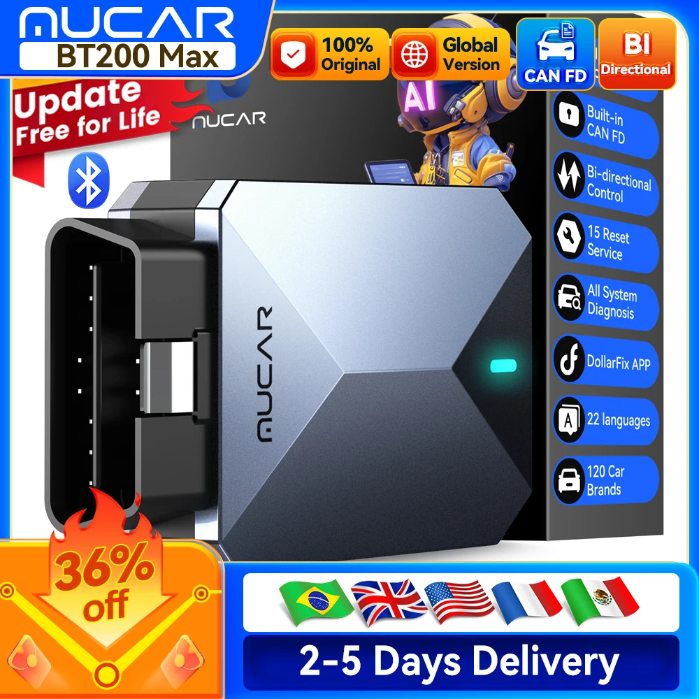 MUCAR BT200 MAX Auto OBD2 Scanner ELM327 CANFD Bidirectional Tool 15 Reset Full System Diagnose Code Reader Free Update for Life