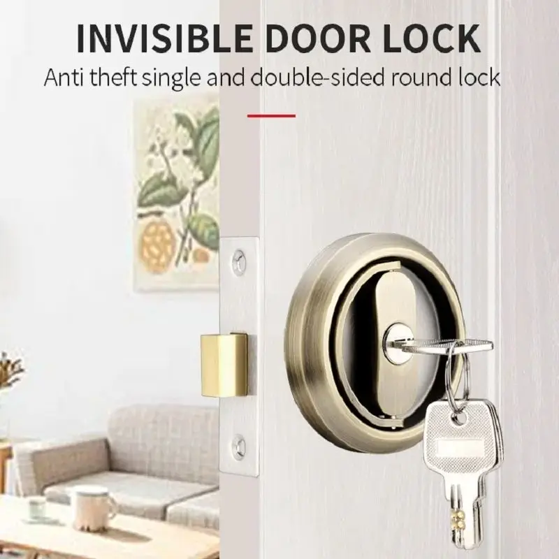 1Pcs Invisible Door Lock With Key Indoor Household Door Anti-theft Single Double-Sided Round Lock Stainless Safety Locks