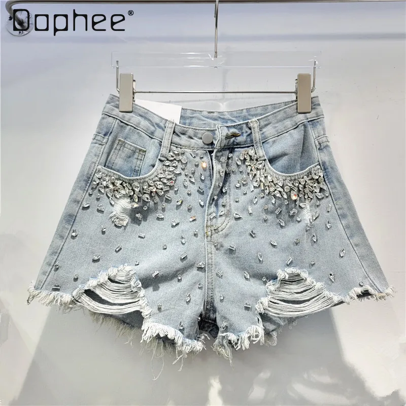 Woman Ripped Diamond Denim Shorts Streetwear 2024 New Summer Trendy Women's High Waist Slim Raw Hem Wide Legs Denim Hot Pants