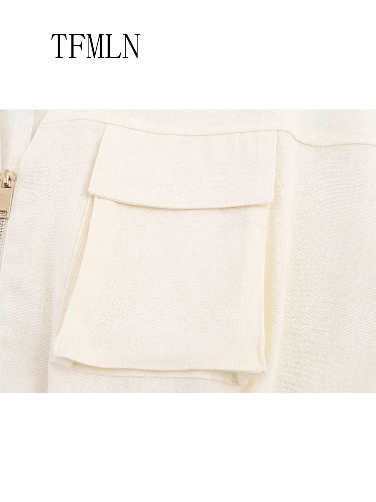 TFMLN Summer Chic Casual Women Solid Zipper Tops 2025 New Lapel Pockets Sleeveless Short Vest Fashion High Street Cropped Tops