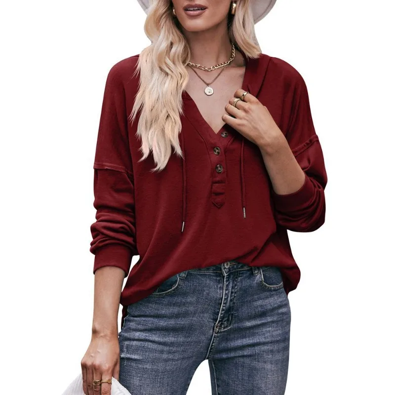 Women's Autumn Winter New Solid Color Long Sleeve V-Neck Hoodie Pull Rope Sweatshirts Casual Loose Female Clothing Pullover Top