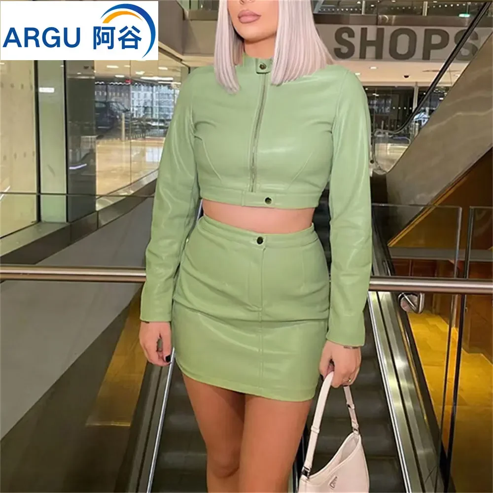 Sexy streetwear leather mini summer dress women 2023 club birthday party dress PU skirts Long sleeve bodycon dress sets vestidos