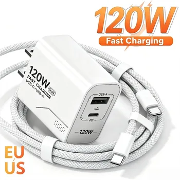 Caricatore USB C GaN da 120W a 2 porte, caricatore rapido per telefono, alimentatore per iPhone, Samsung, Xiaomi, tipo C, con spina americana.