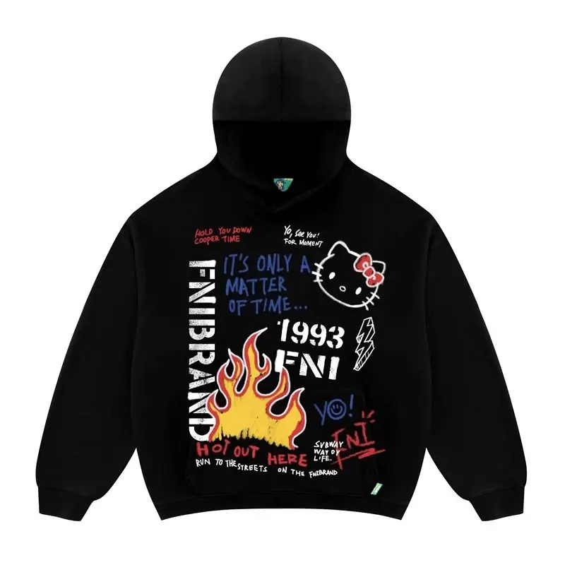 

Sanrios Hello Kittys Hooded Sweater Woman Anime Cartoon Graffiti Print American Trend Autumn Winter Oversize Couple Hoodies Tops