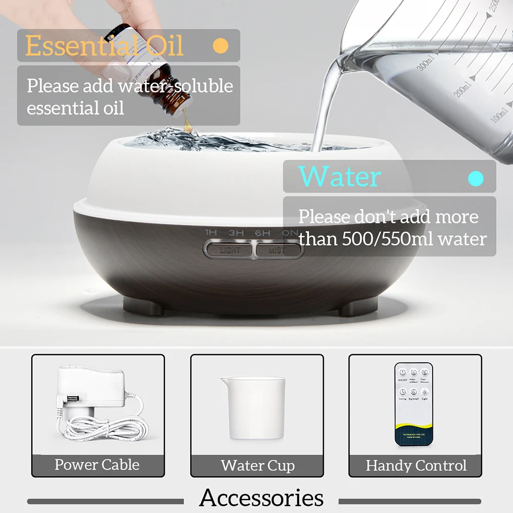 500ML Aromatherapy Essential Oil Diffuser Wood Grain Remote Control Ultrasonic Air Humidifier Cool with 7 Color LED Lights 6