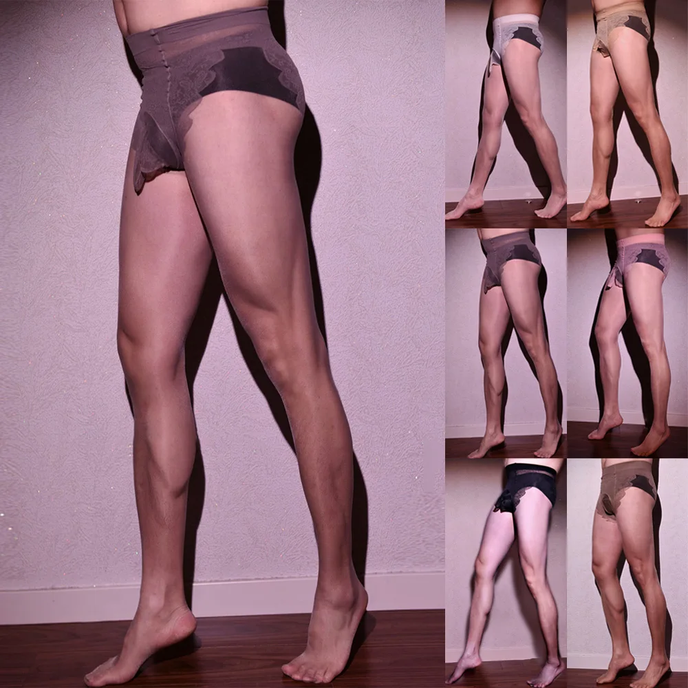 Men Pantyhose Seamless Shiny Thin Elastic Glossy Ultra-thin Sheer Transparent Temptation Gay Wear U Convex Pouch Stockings