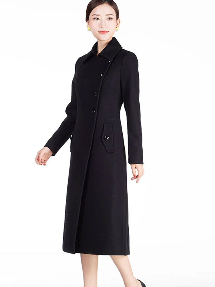 Women Warm winter Woolen Office Lady X-Long Blazer Coat Simple Outerwear Trench with Pockets Fashion Style Winter Wear