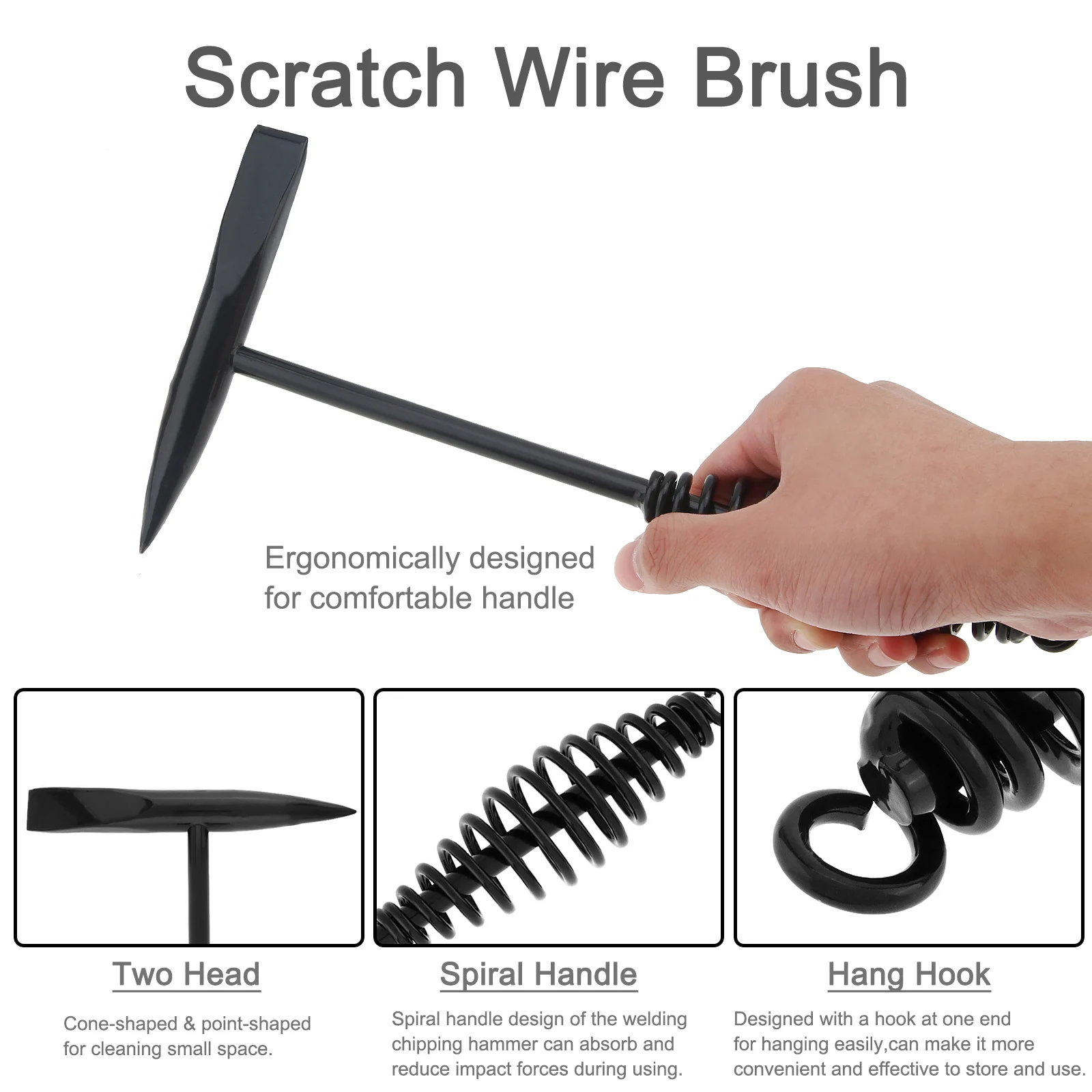 10.5 Inch Welding Hammer Tools Cone Vertical Chisel Coil Spring Handle Welding Chipping Hammer with 7.78 Inch Wire Brush 3